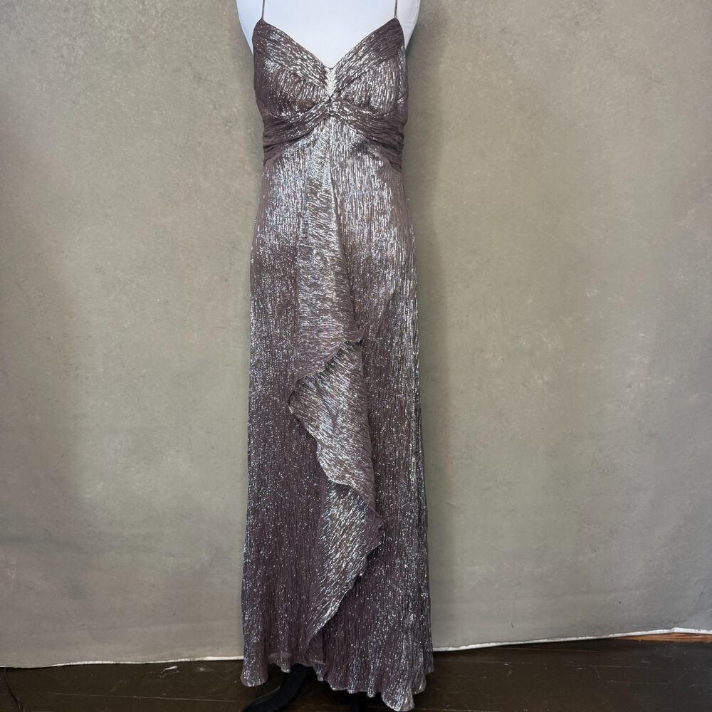 Carabella Gunmetal Silk Metallic Evening Gown 90's Ruffle Cascade Size 8